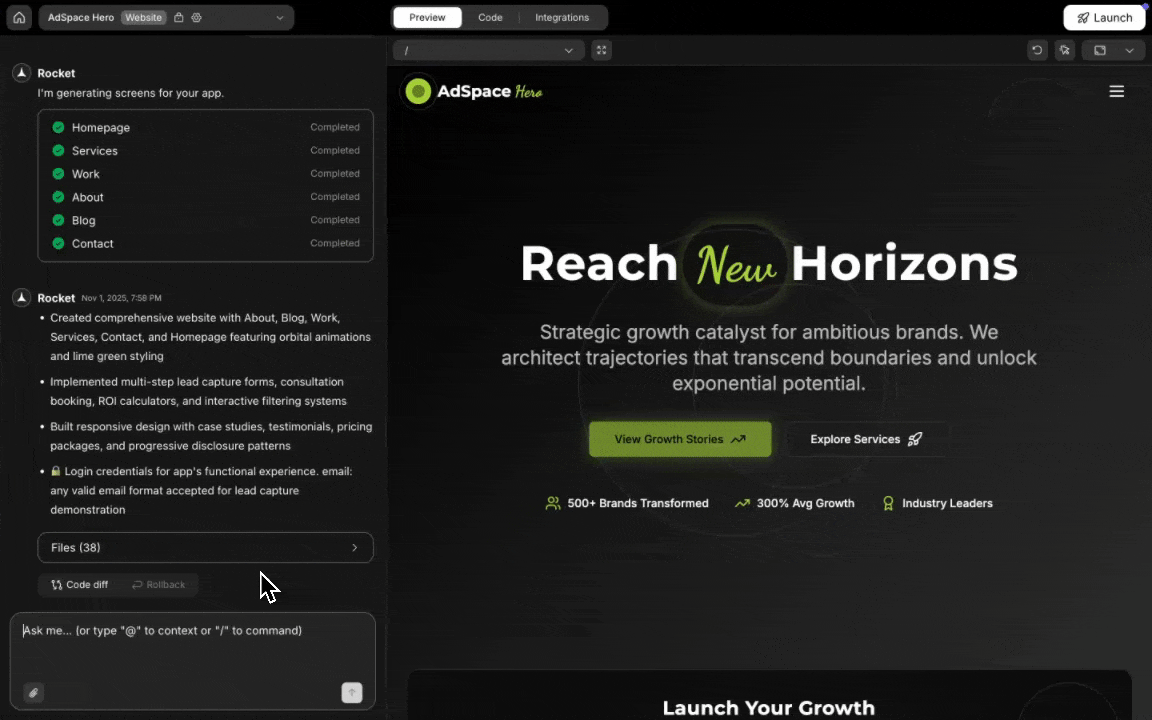 Use forward slash in chat to apply commands in Rocket.new