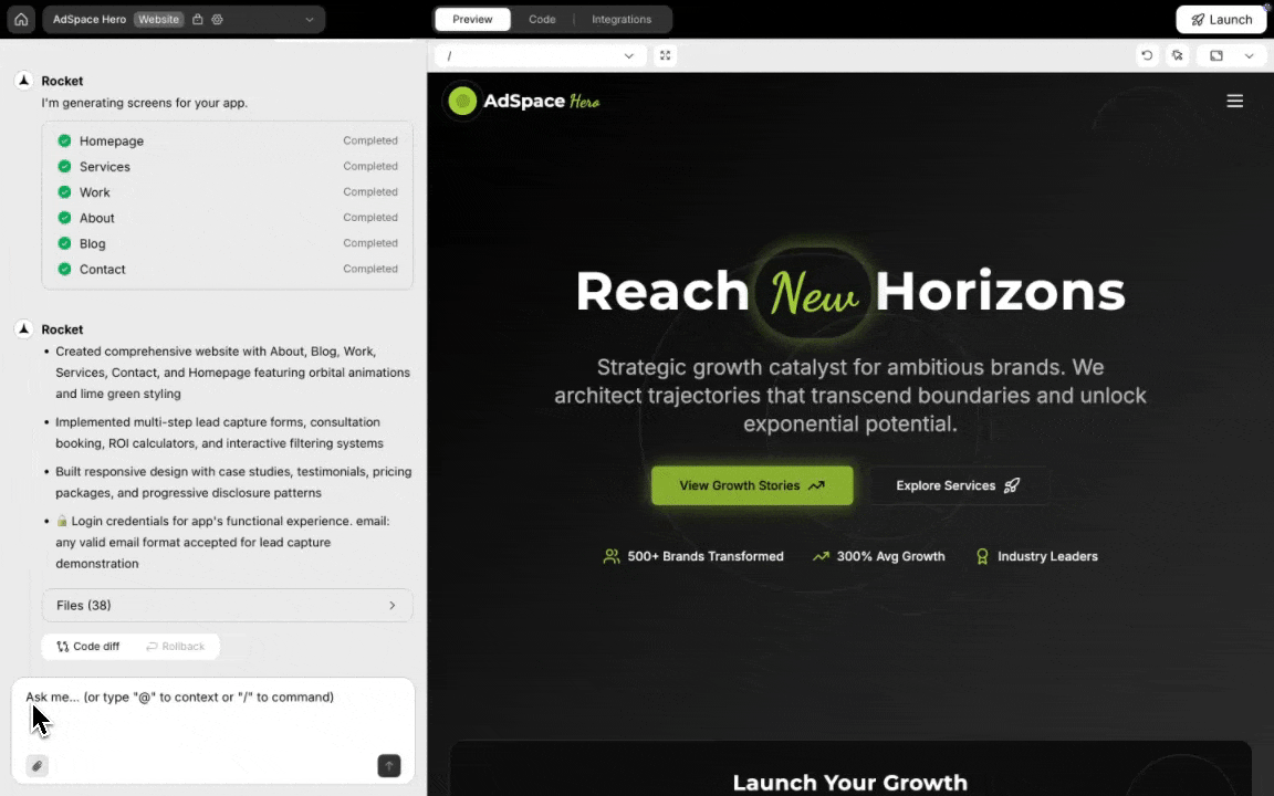 Use forward slash in chat to apply commands in Rocket.new