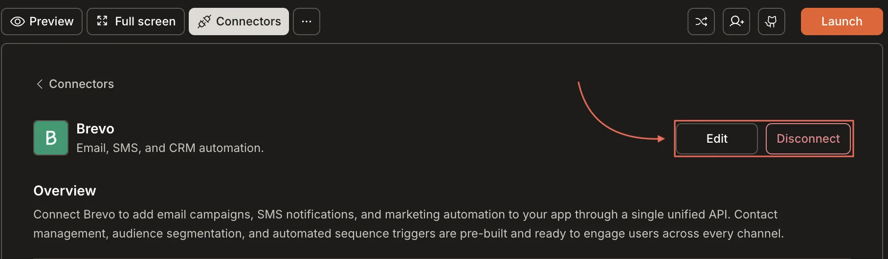 Brevo integration showing connected state with a Disconnect button.