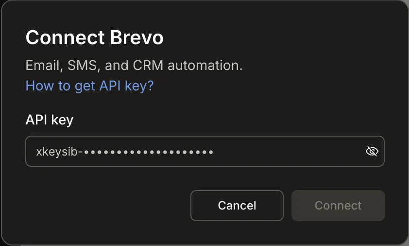 Brevo API key input popup.