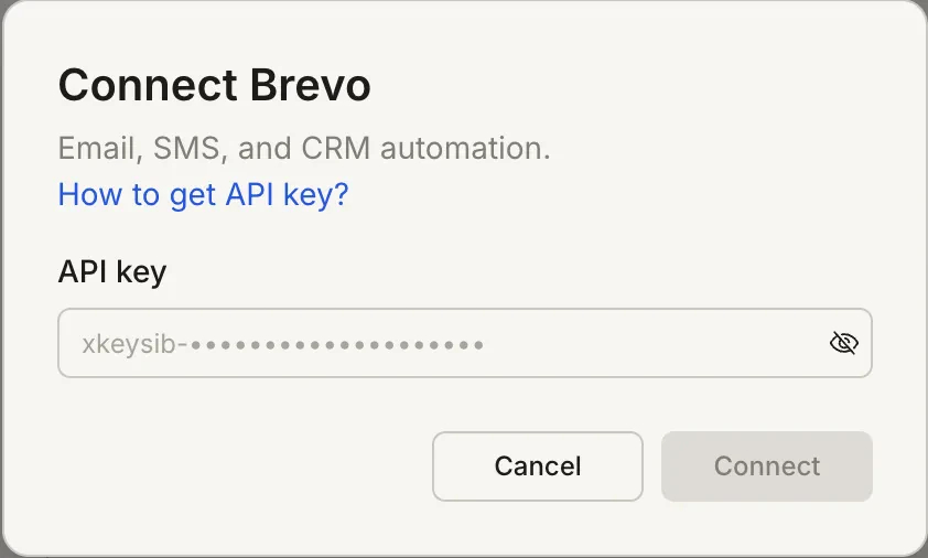 Brevo API key input popup.
