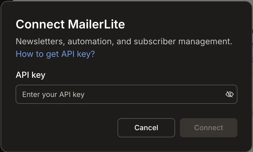MailerLite API token input popup.