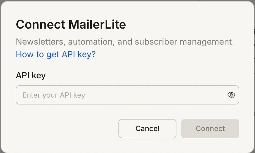MailerLite API token input popup.