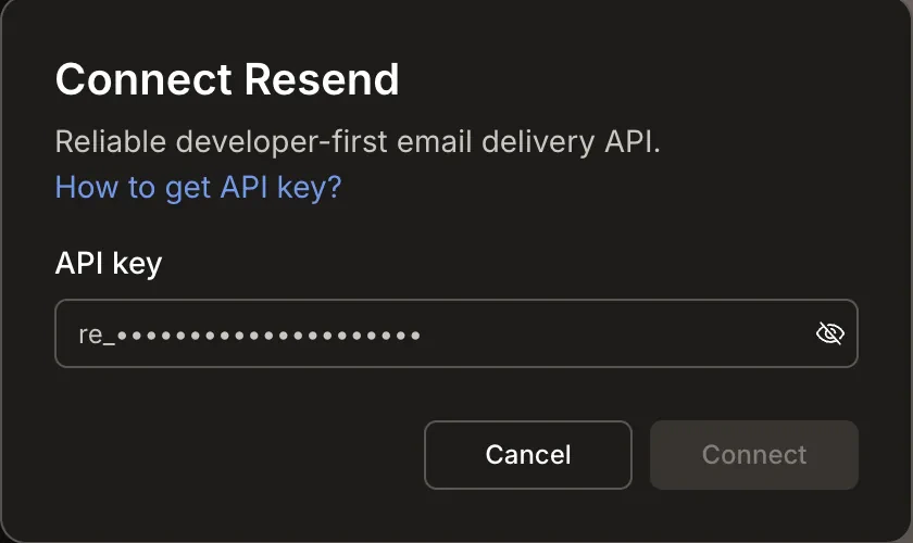 Resend API key input popup.