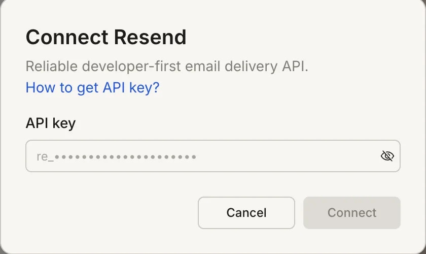 Resend API key input popup.