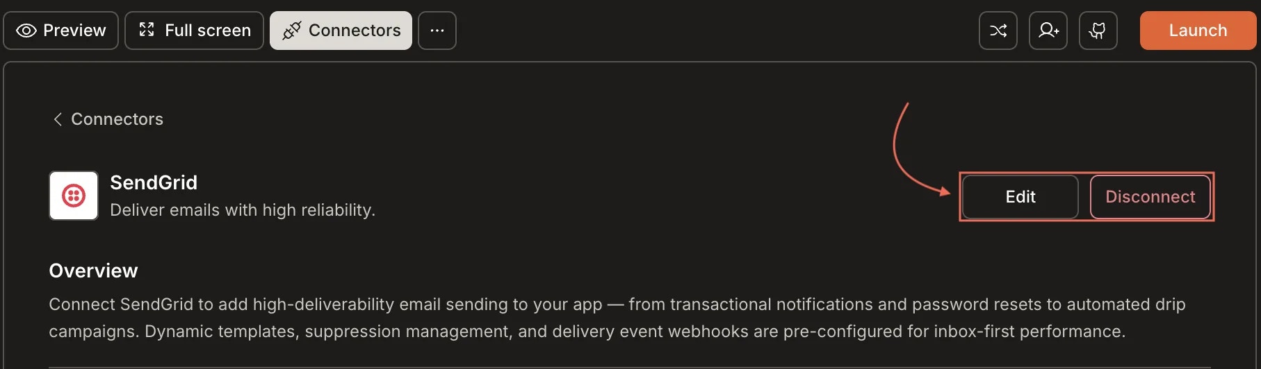 SendGrid integration showing connected state with a Disconnect button.