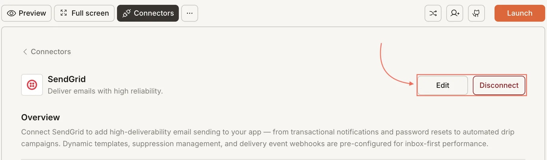SendGrid integration showing connected state with a Disconnect button.