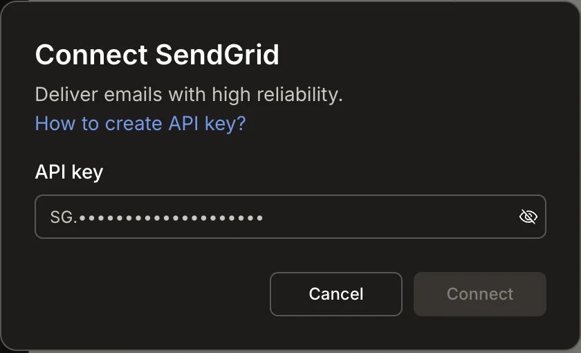 SendGrid API key input popup.