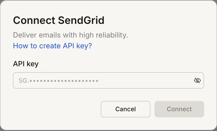 SendGrid API key input popup.