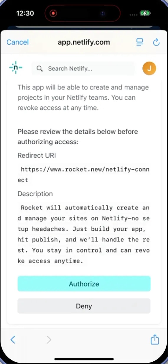 Netlify mobile authorization screen asking to authorize Rocket.