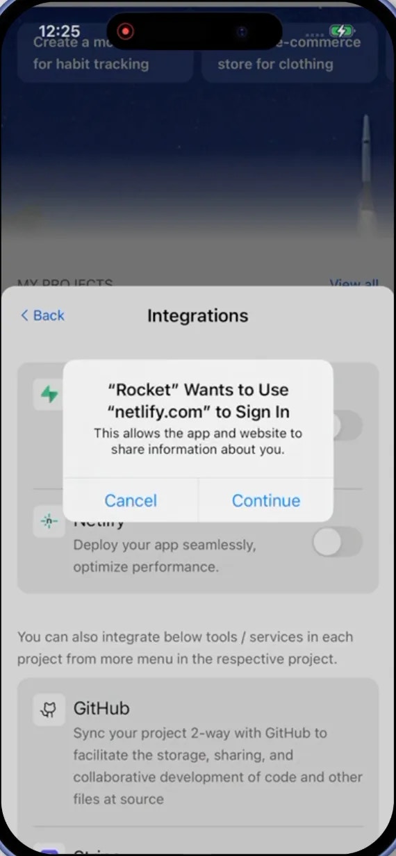 Netlify integration row in Rocket App with toggle or enable option and sign-in prompt.