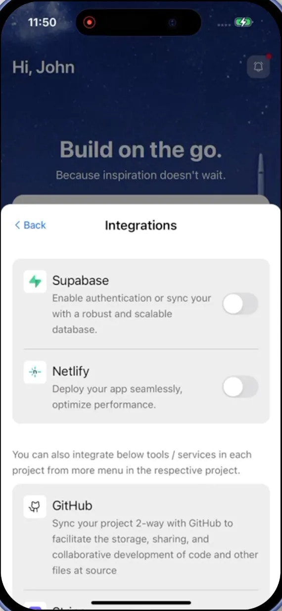 Settings screen in Rocket App showing the Integrations list with Netlify visible.