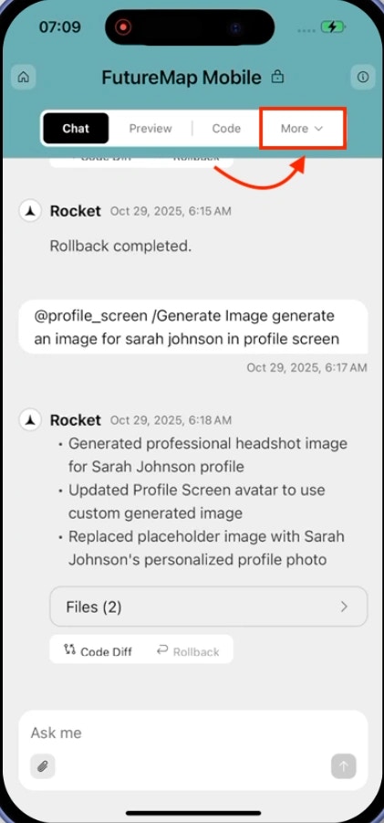 More tab highlighted in the navigation bar at the bottom of the screen.