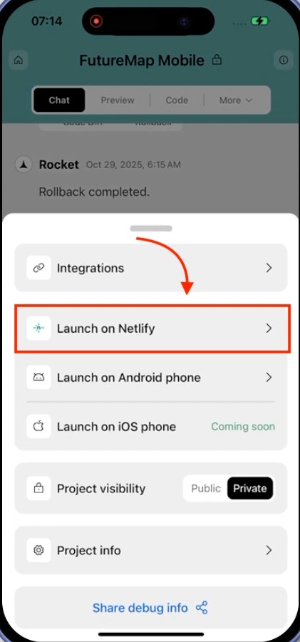 Project settings modal showing Launch on Netlify option highlighted.