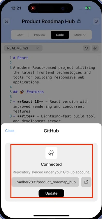 GitHub update button in Rocket for syncing project changes.