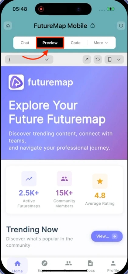 Rocket's preview panel showing a mobile app screen inside the workspace.