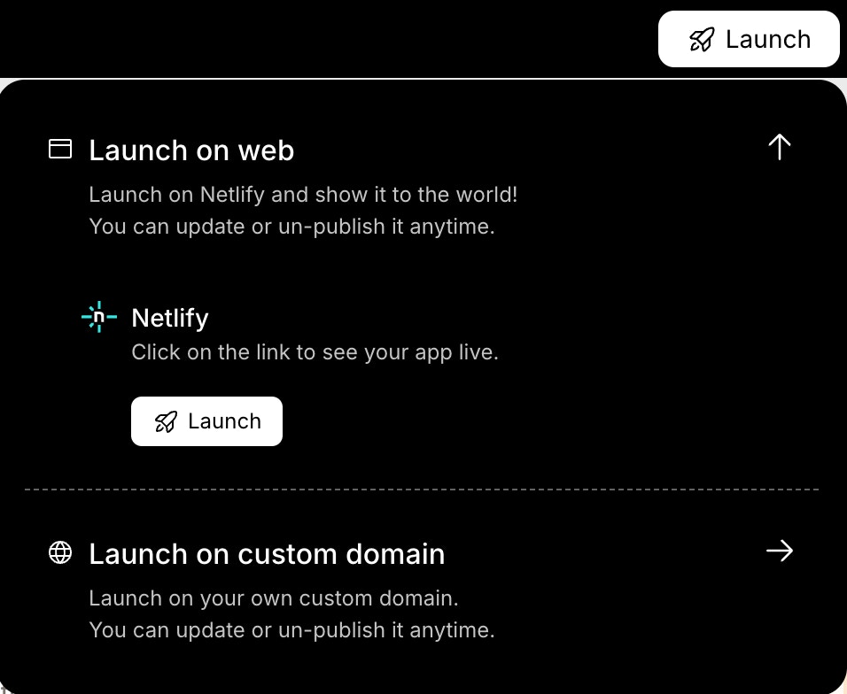 Launch popup showing Netlify publish button.