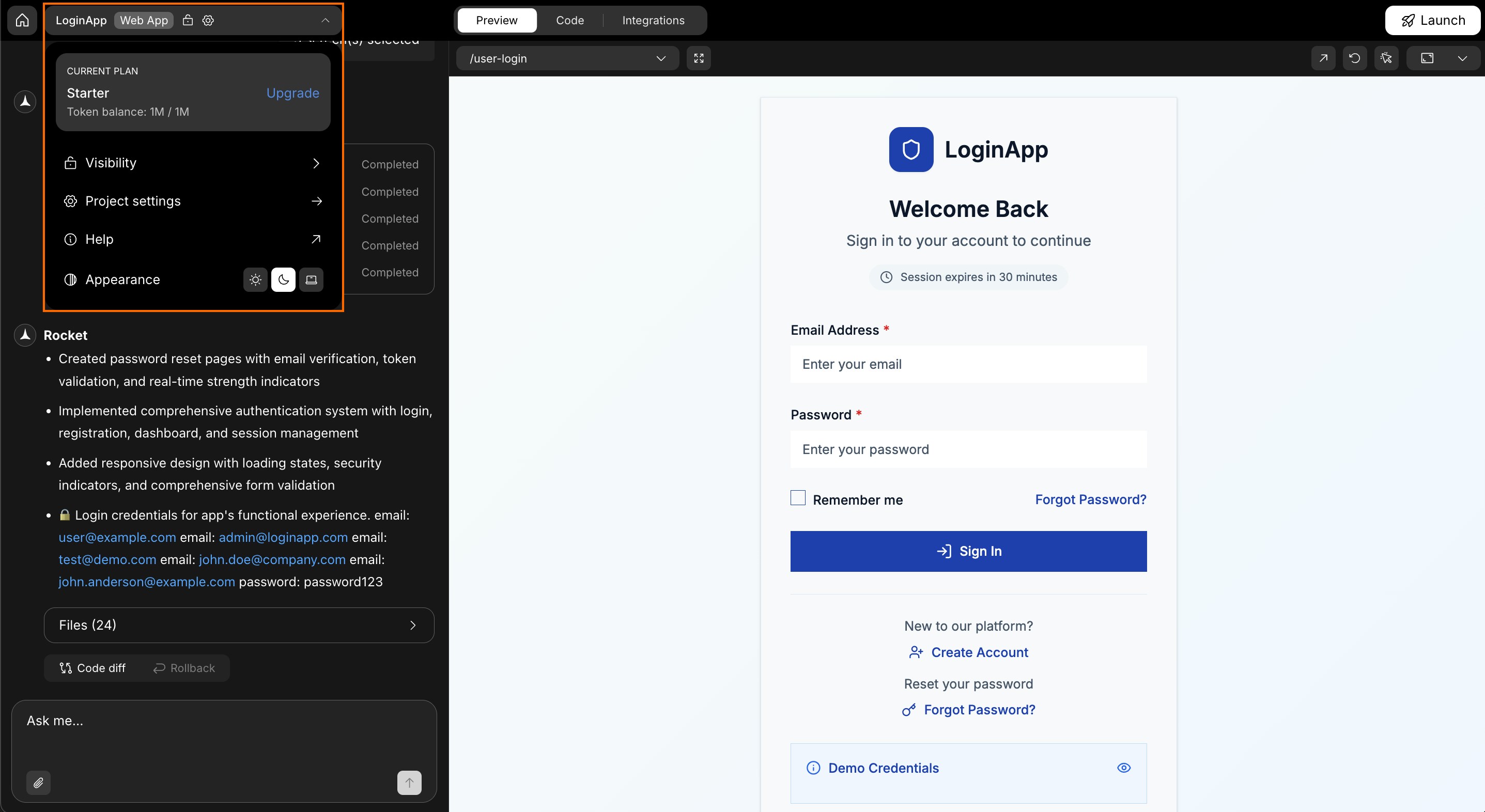 Rocket chat interface with messages and output preview.