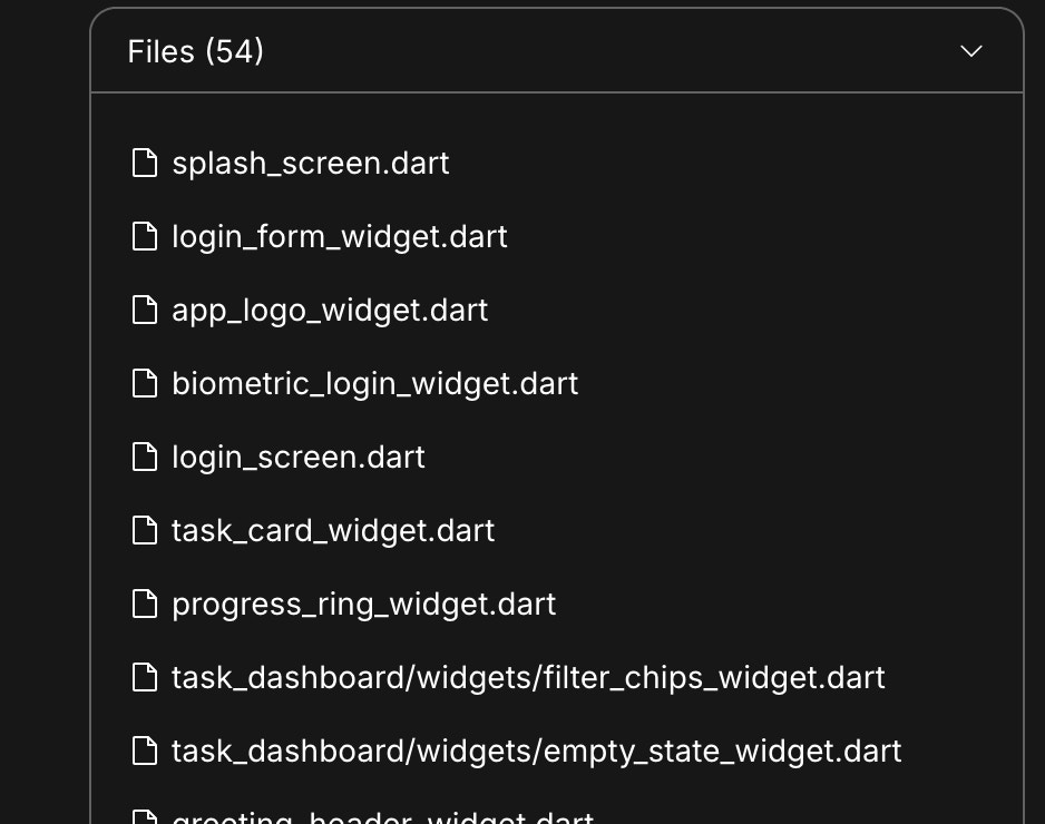 Dropdown showing generated code files for the current prompt.