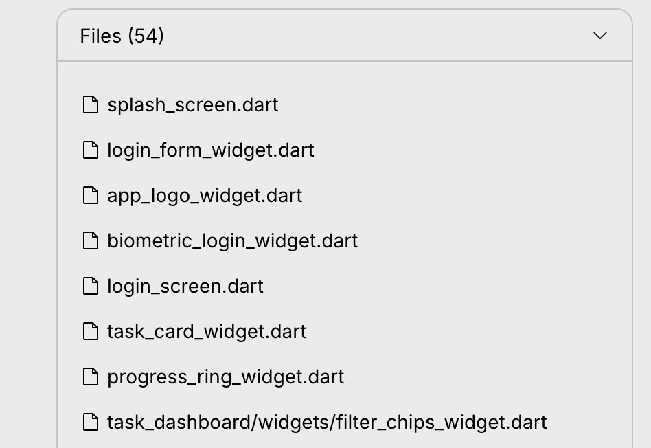 Dropdown showing generated code files for the current prompt.