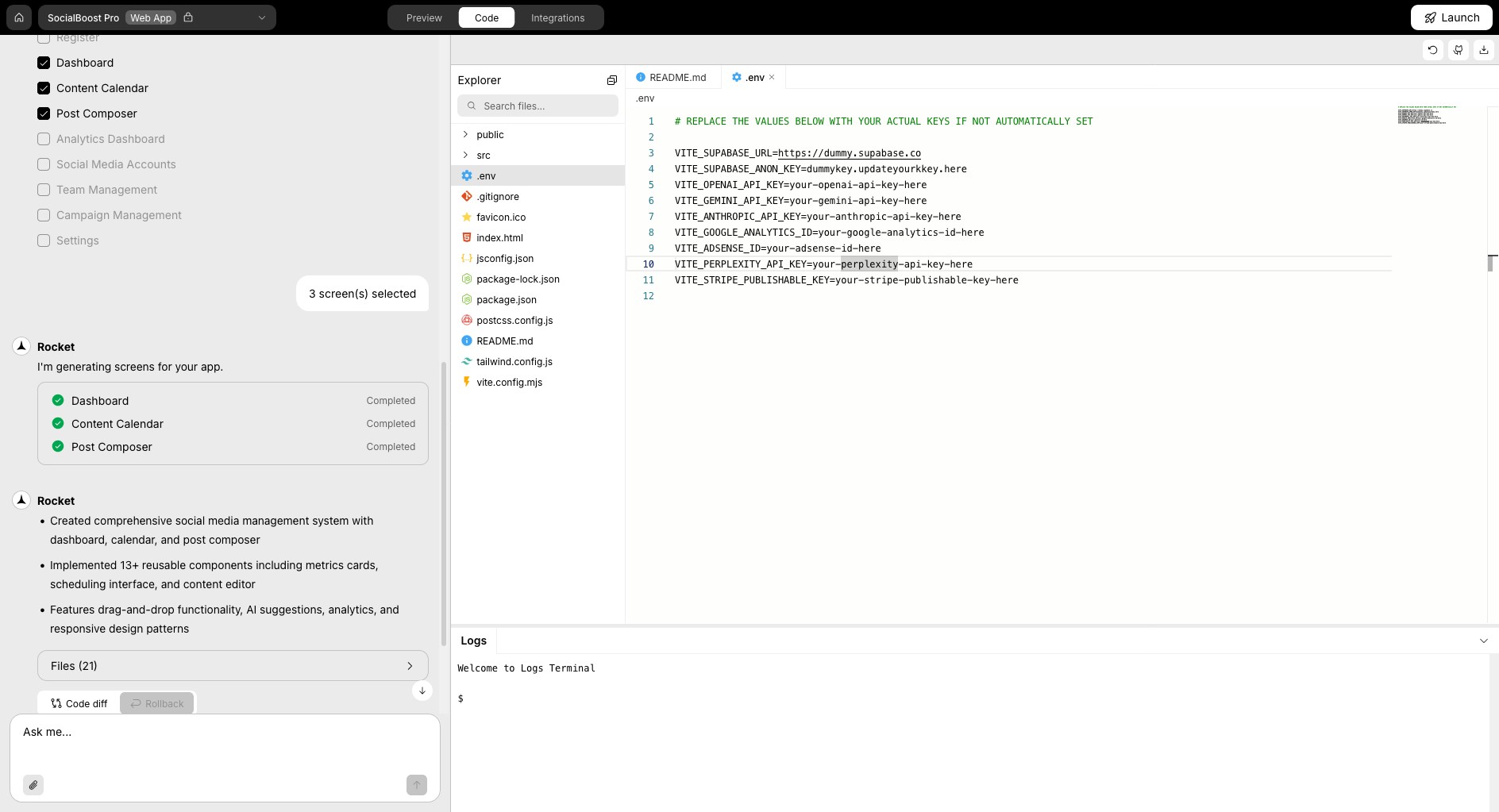 Adding new environment key to .env file.