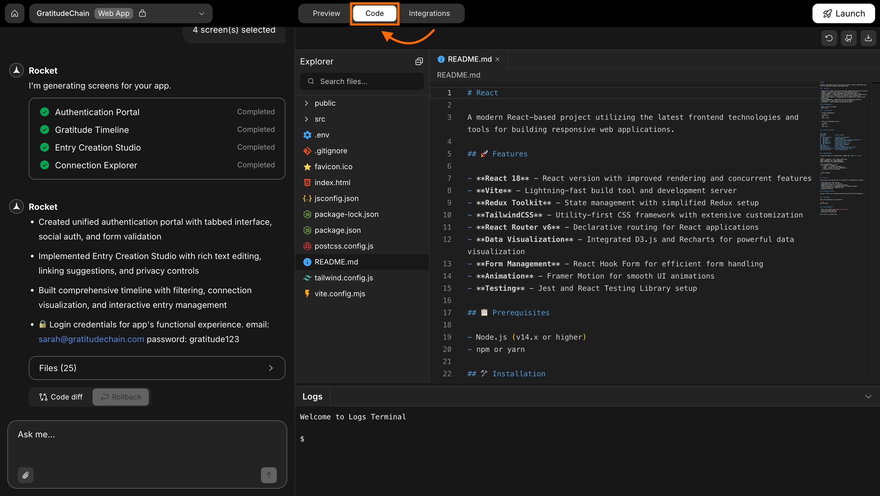 Code view screen in Rocket showing project files and GitHub icon in toolbar
