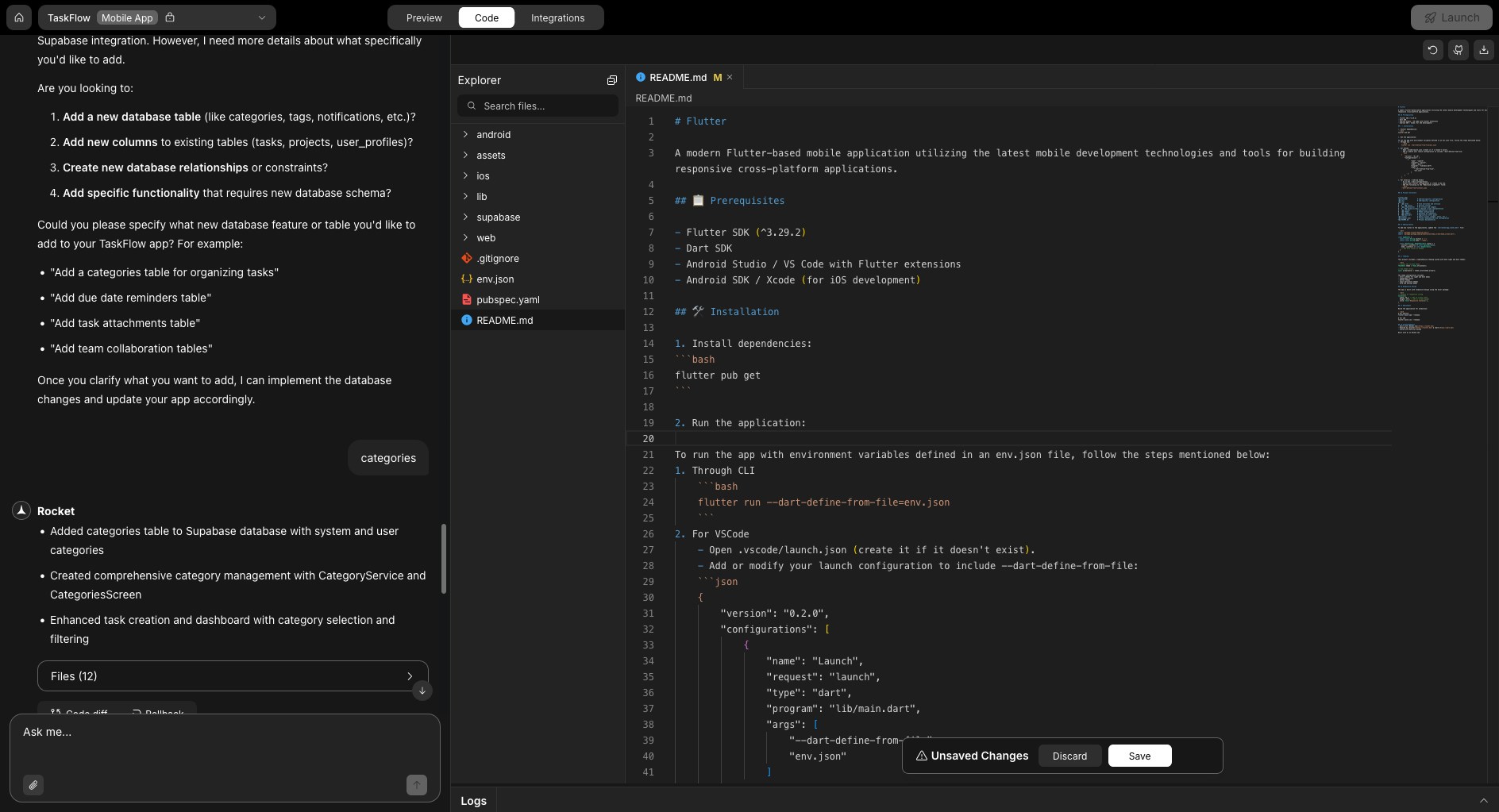 Rocket editor with unsaved changes and save/discard options.