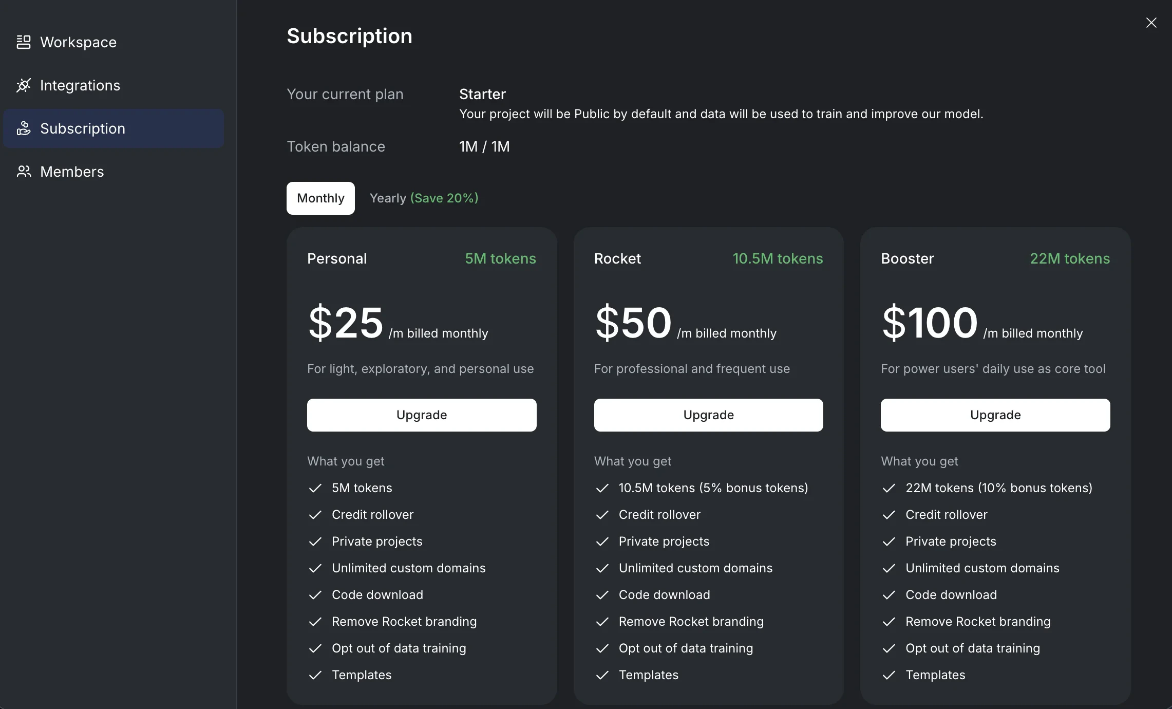 List of Rocket subscription plans with pricing and included tokens.