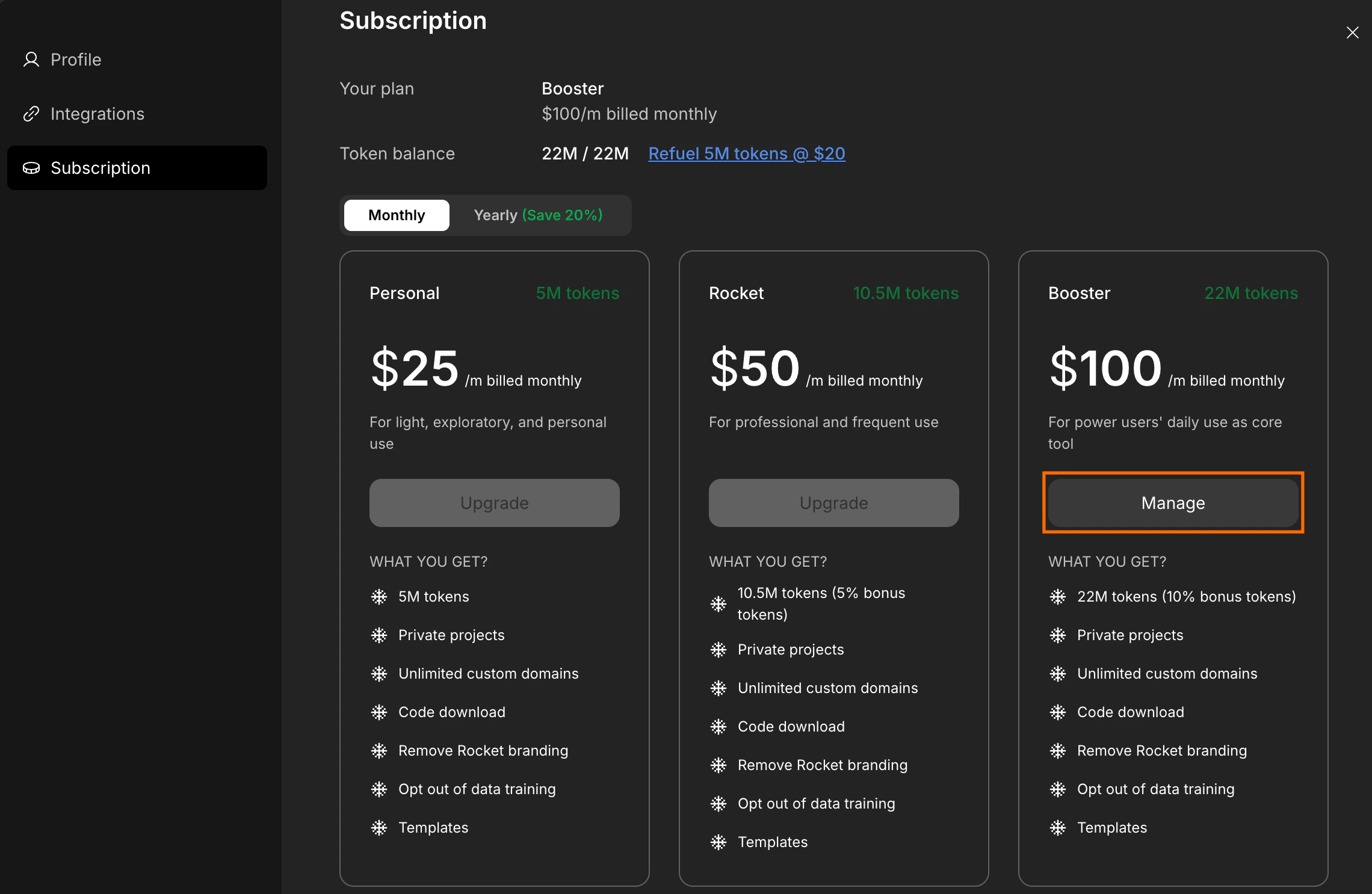 Manage button next to your current subscription plan.