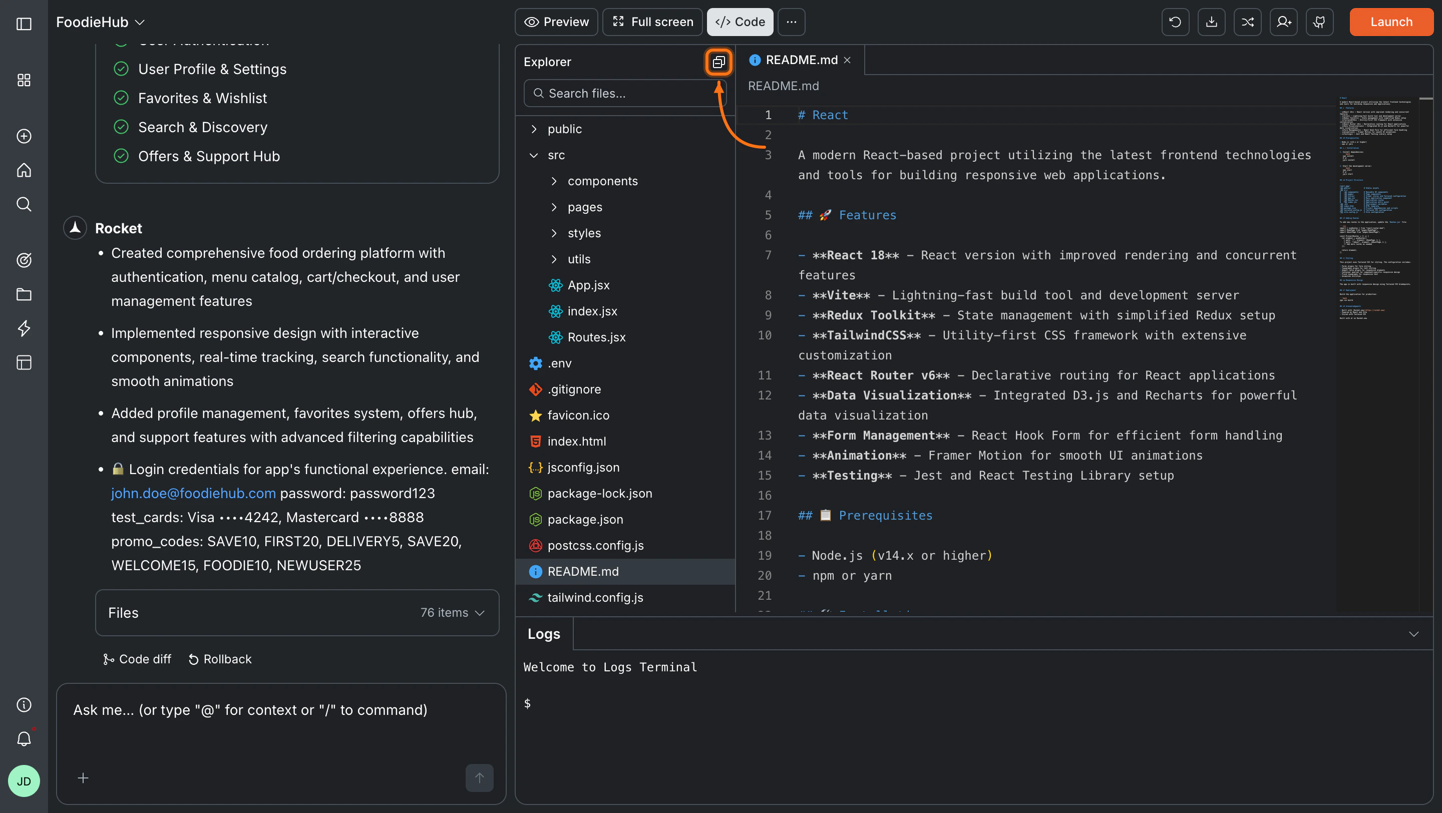 File tree expanded in Rocket code view.