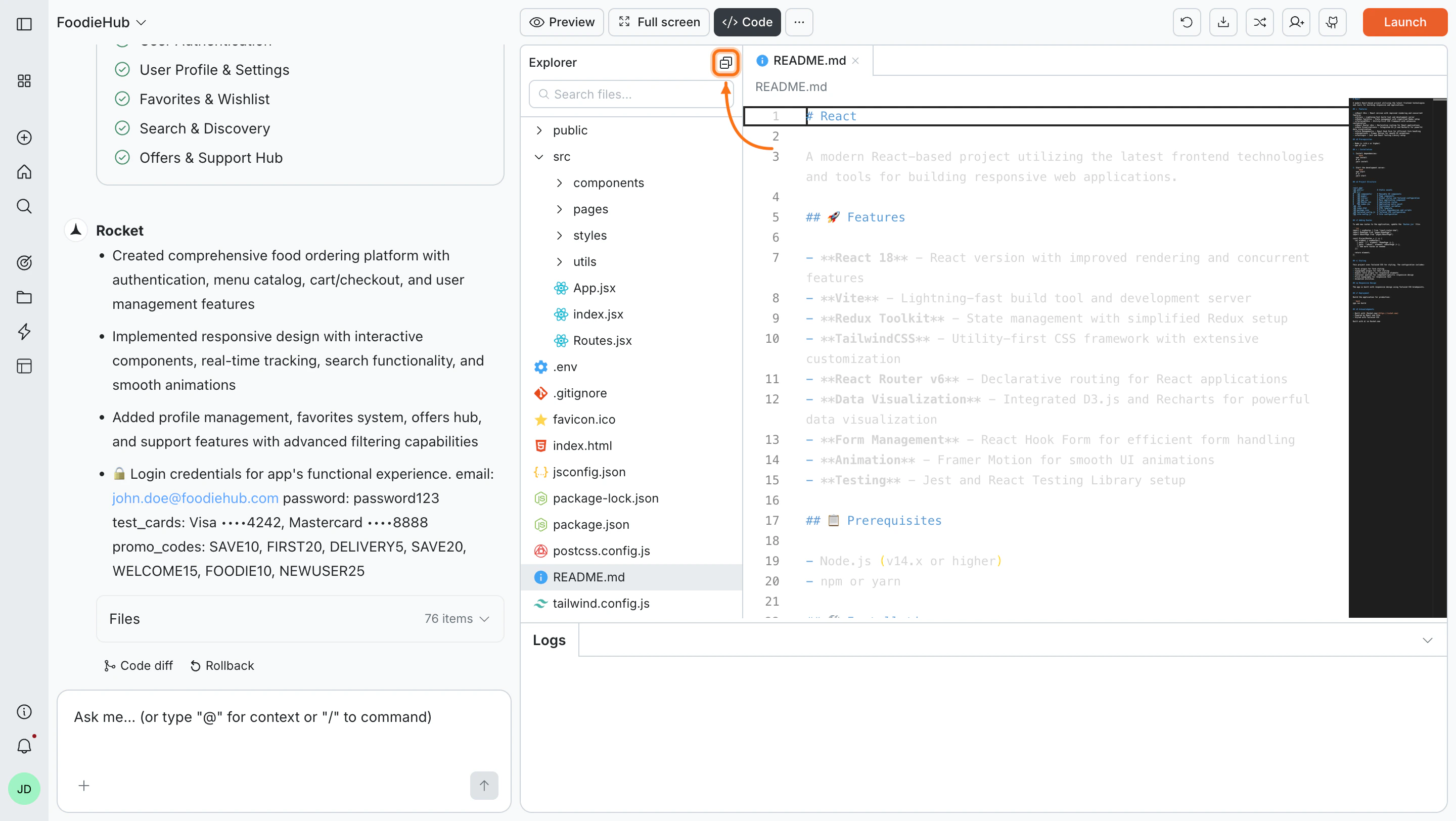 File tree expanded in Rocket code view.