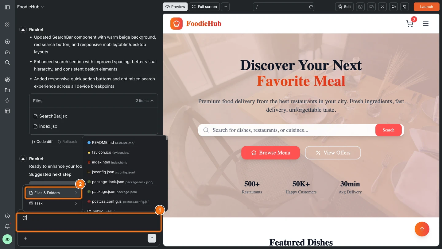 @ command picker open in Rocket chat showing Files & Folders and Tasks options.