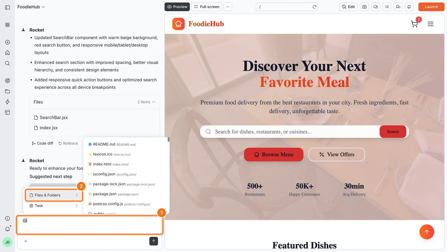 @ command picker open in Rocket chat showing Files & Folders and Tasks options.