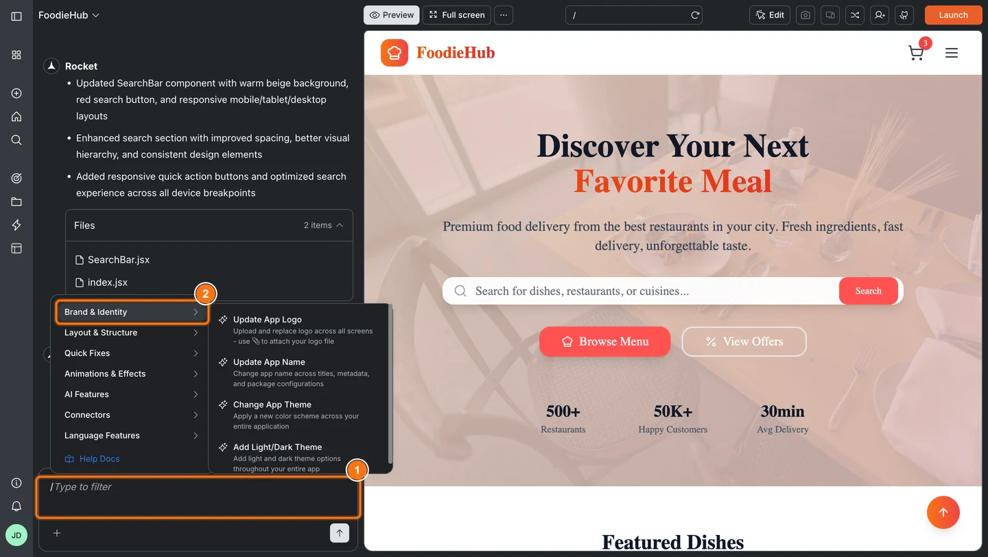 Slash command menu open in Rocket chat showing available commands.