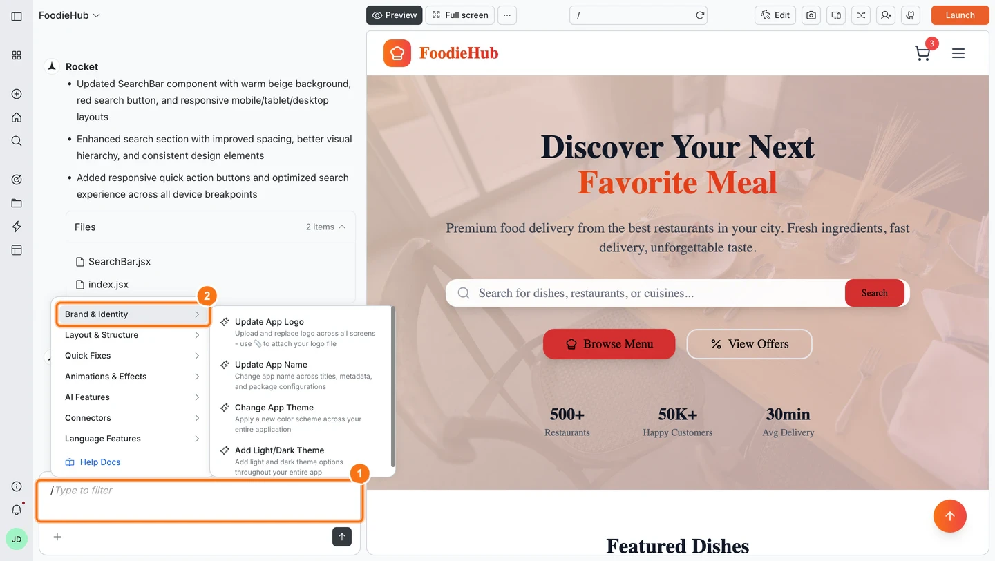 Slash command menu open in Rocket chat showing available commands.