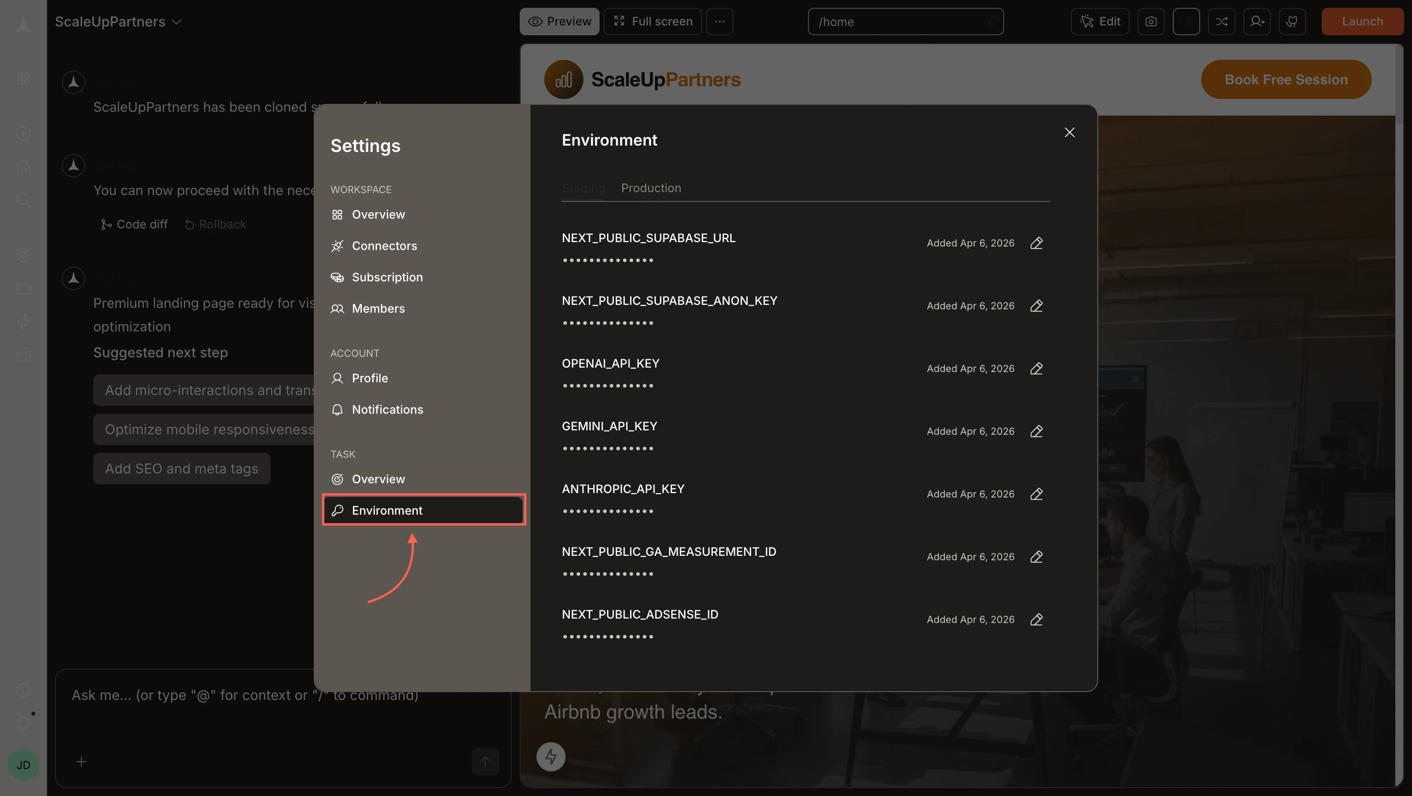 Settings modal with Environment selected, showing Staging and Production tabs with variable rows.
