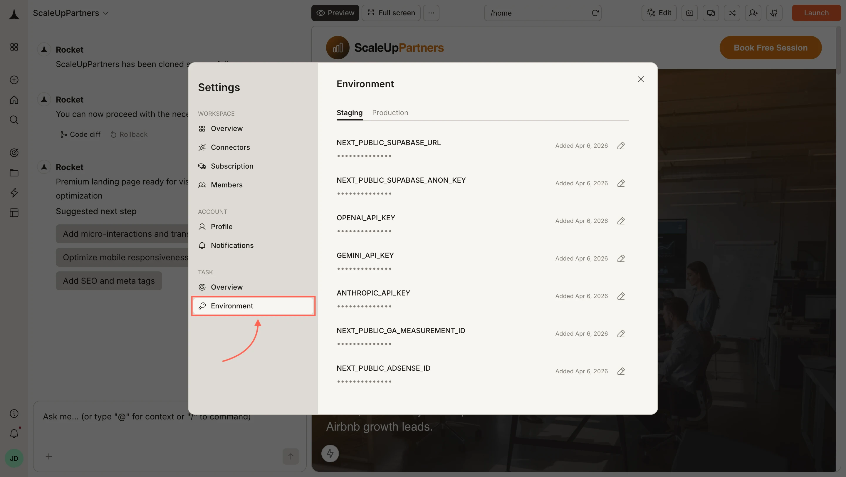 Settings modal with Environment selected, showing Staging and Production tabs with variable rows.