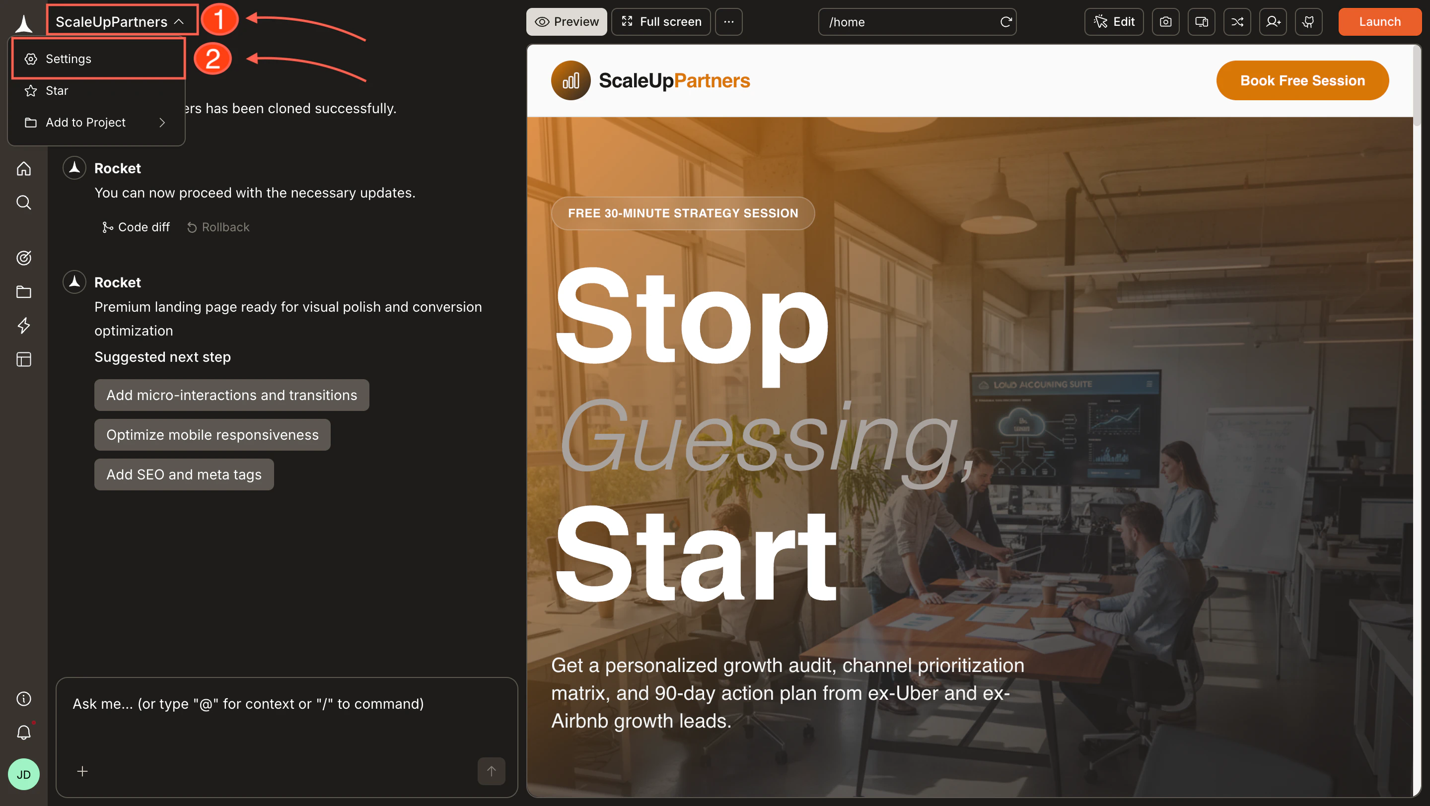 Task name menu open with Settings highlighted.