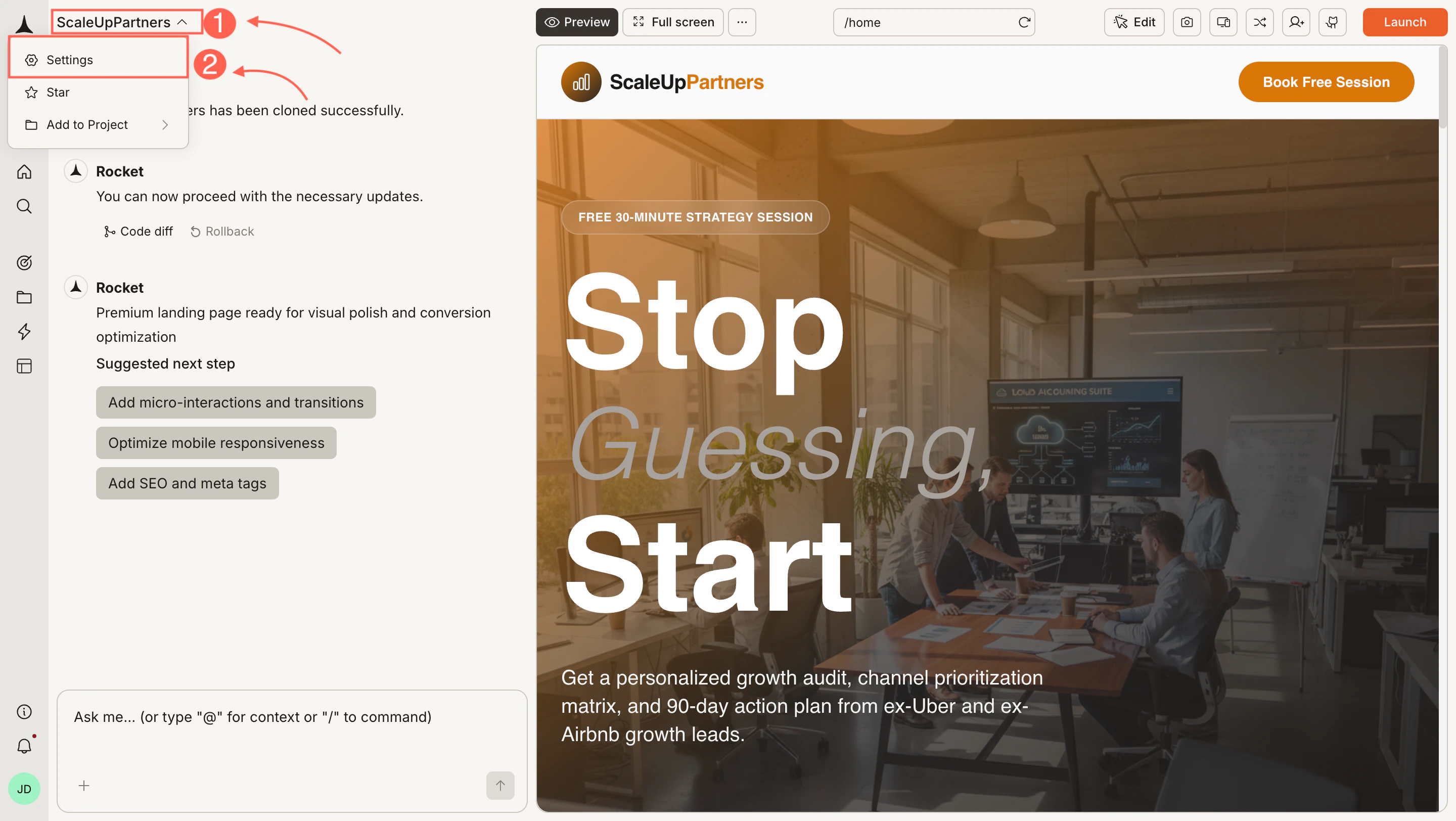 Task name menu open with Settings highlighted.