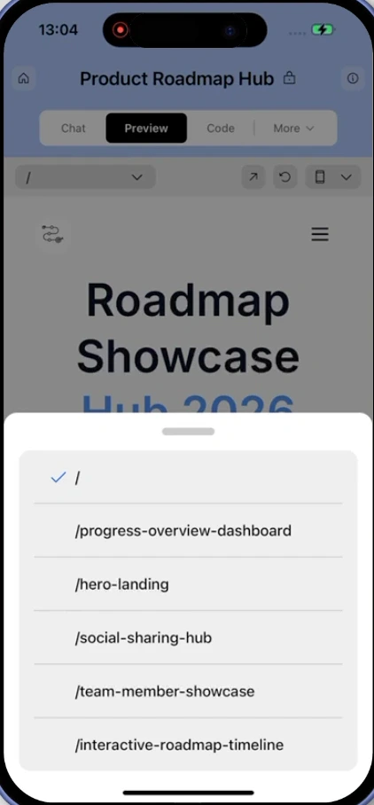 Screen selection dropdown on the mobile app.