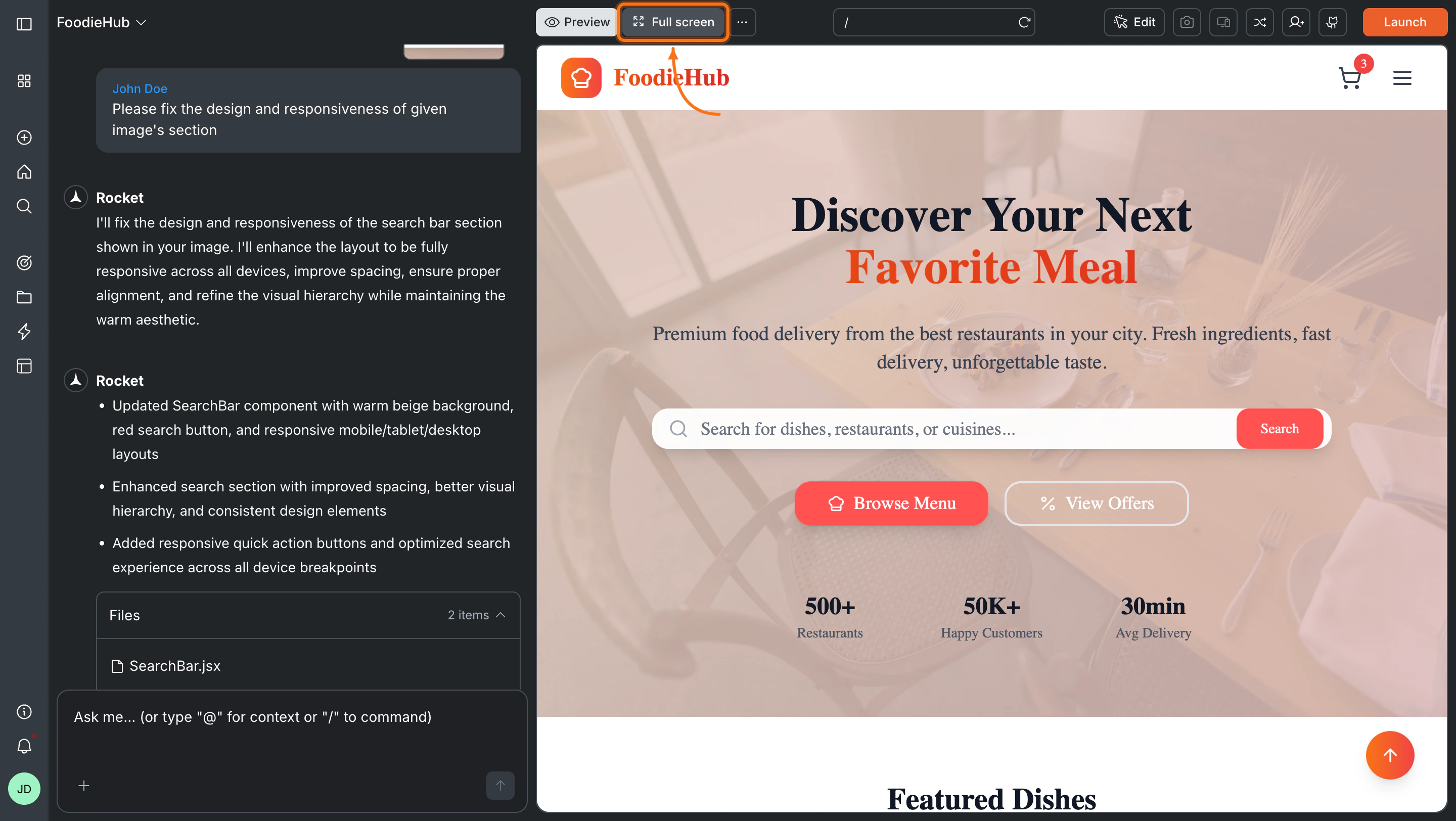 Fullscreen mode of Rocket web preview.
