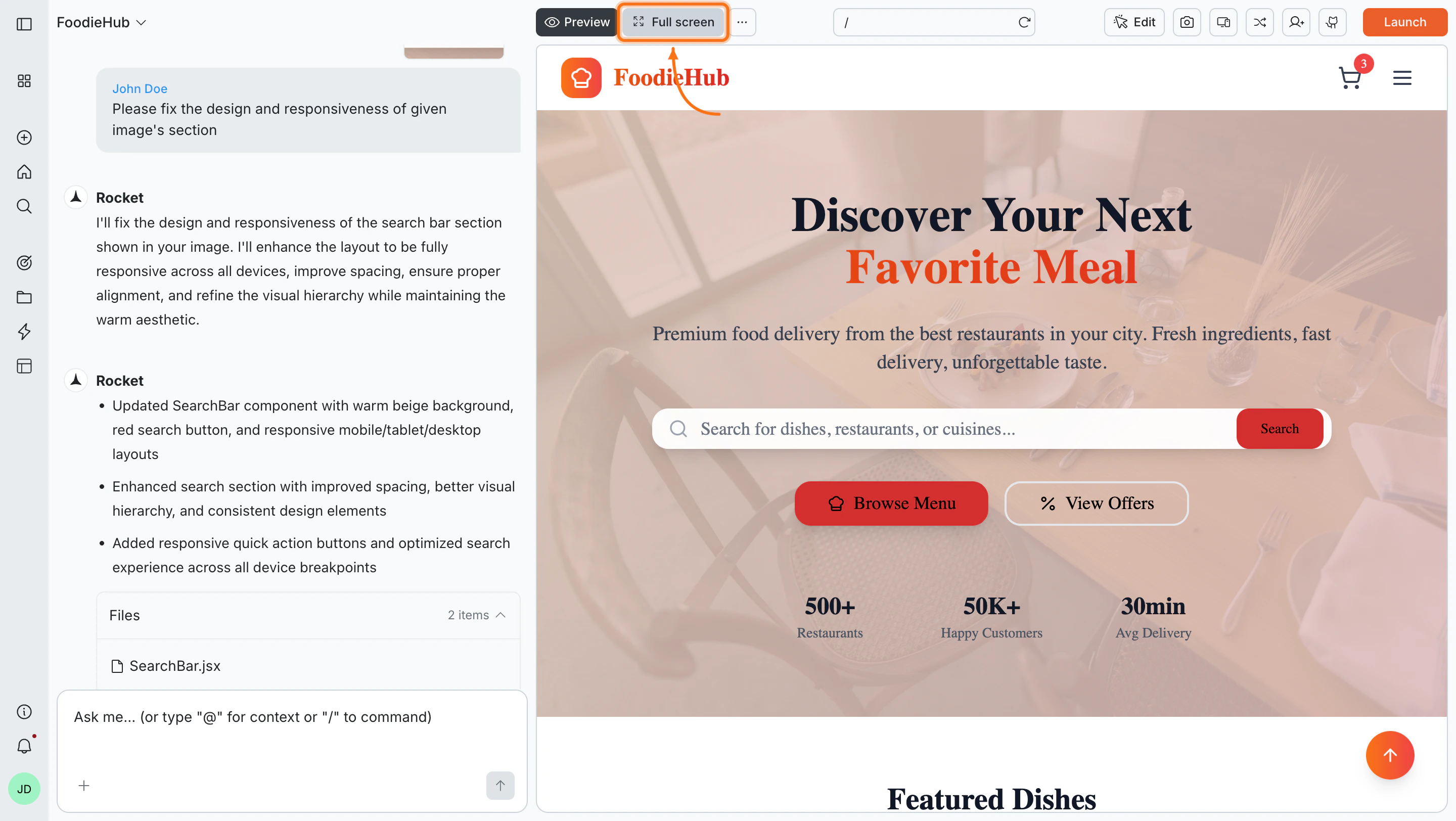 Fullscreen mode of Rocket web preview.