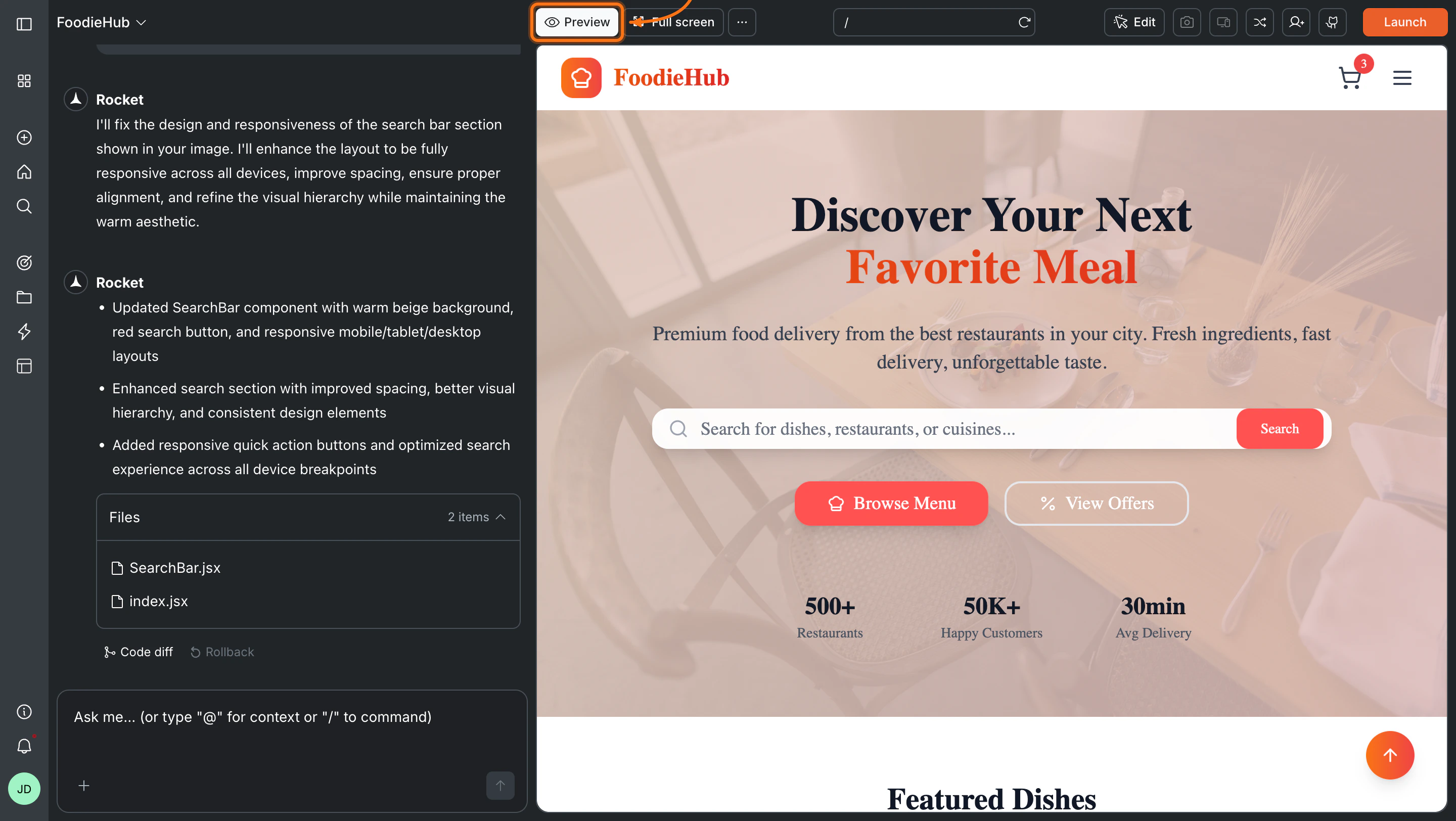 Rocket preview panel showing live web app interface.