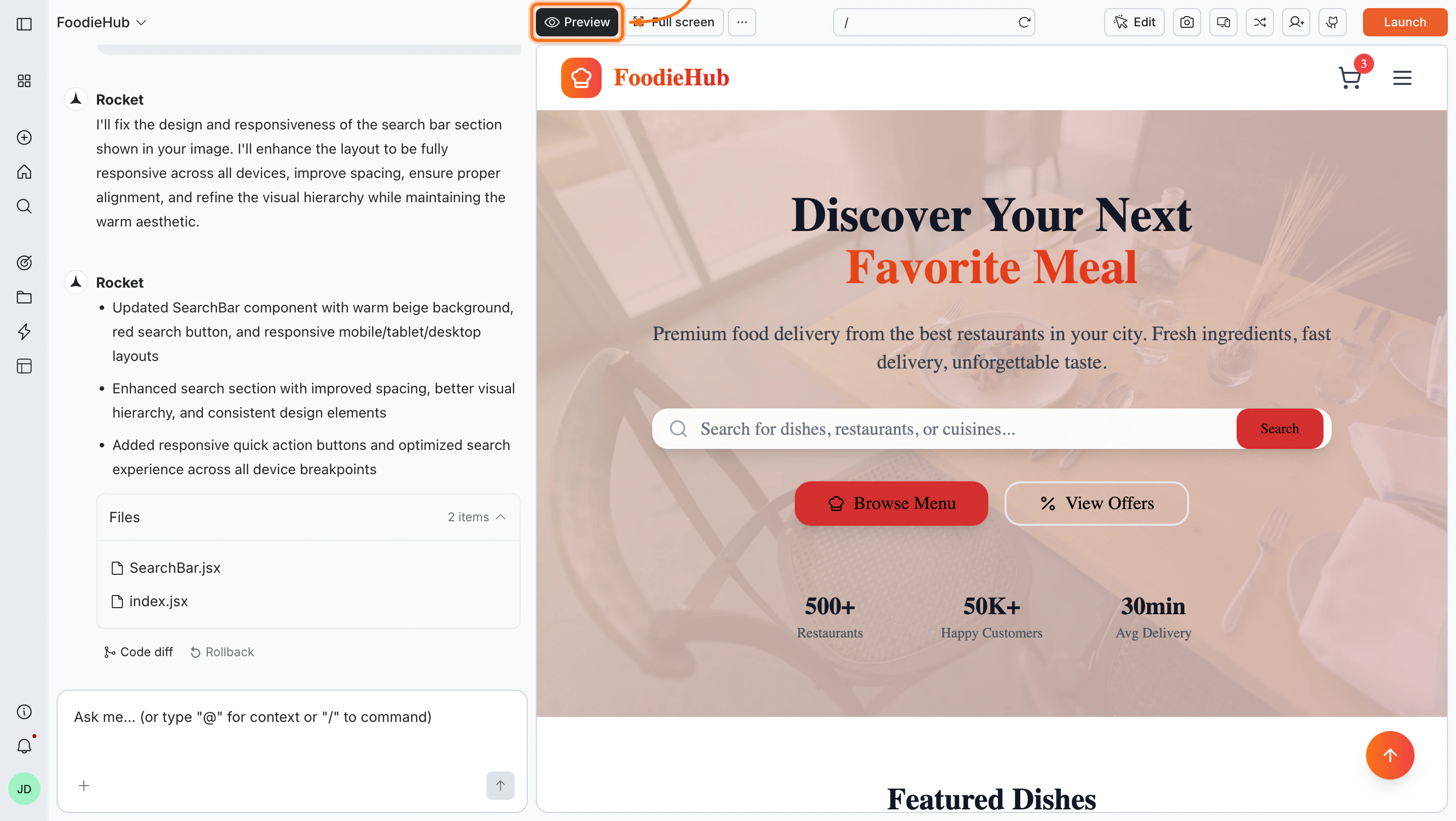Rocket preview panel showing live web app interface.