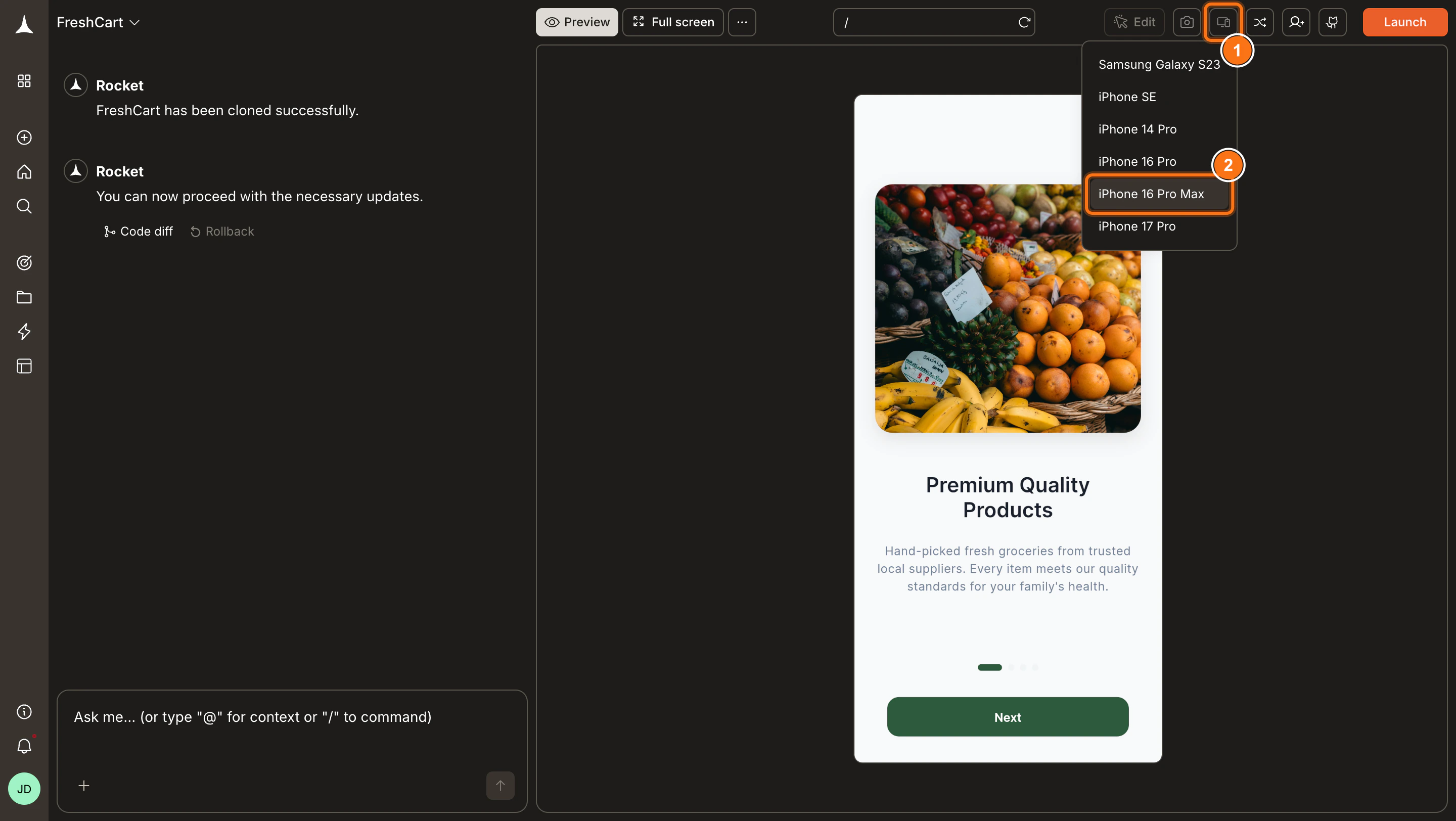Device model dropdown showing different phone options.
