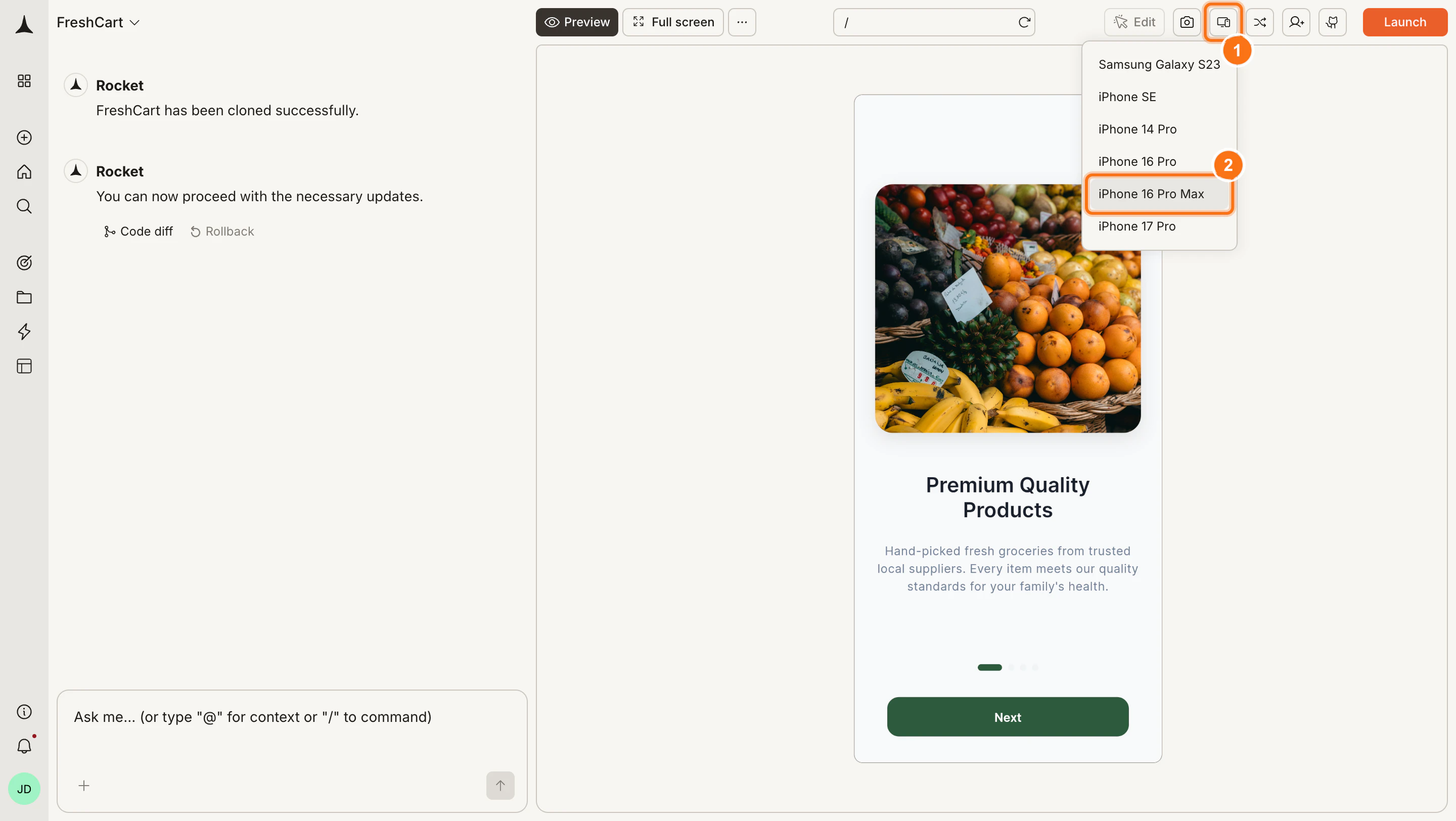 Device model dropdown showing different phone options.