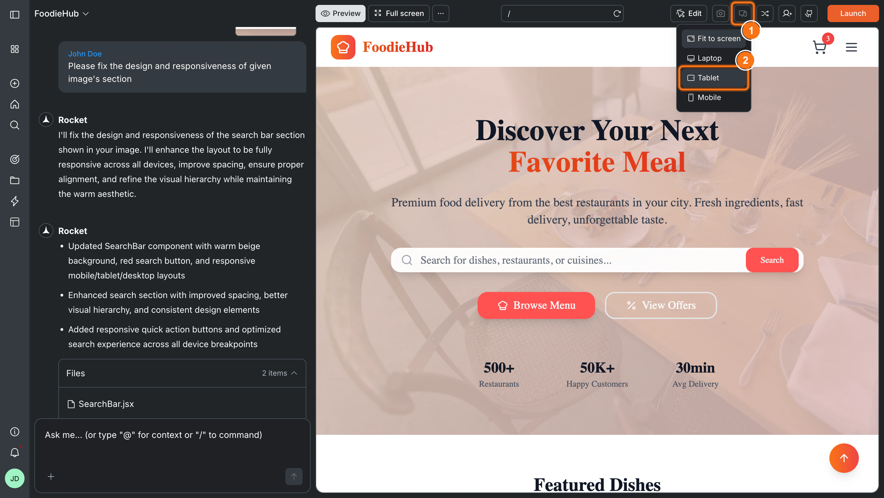Device type dropdown showing responsive view options.