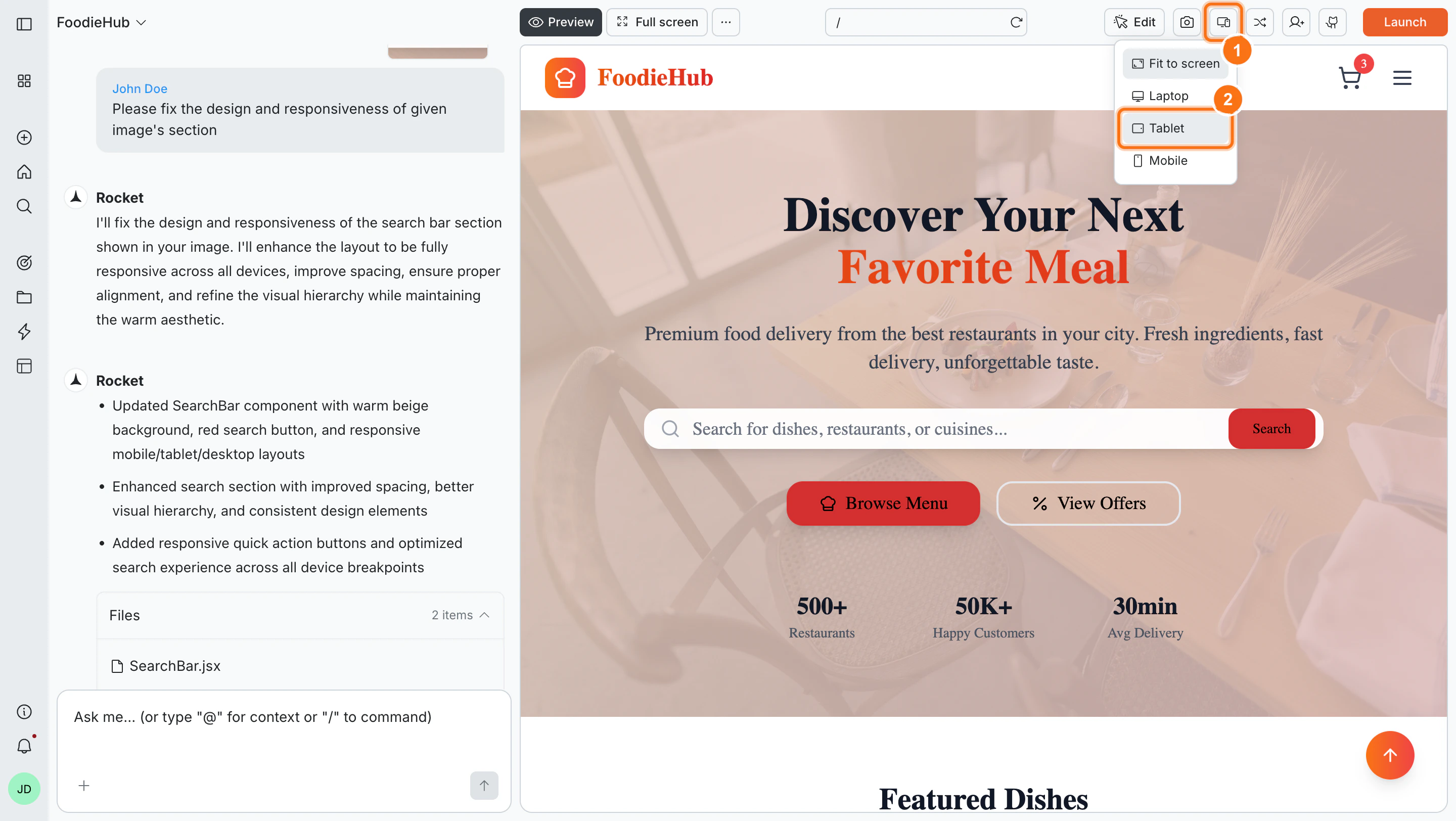 Device type dropdown showing responsive view options.
