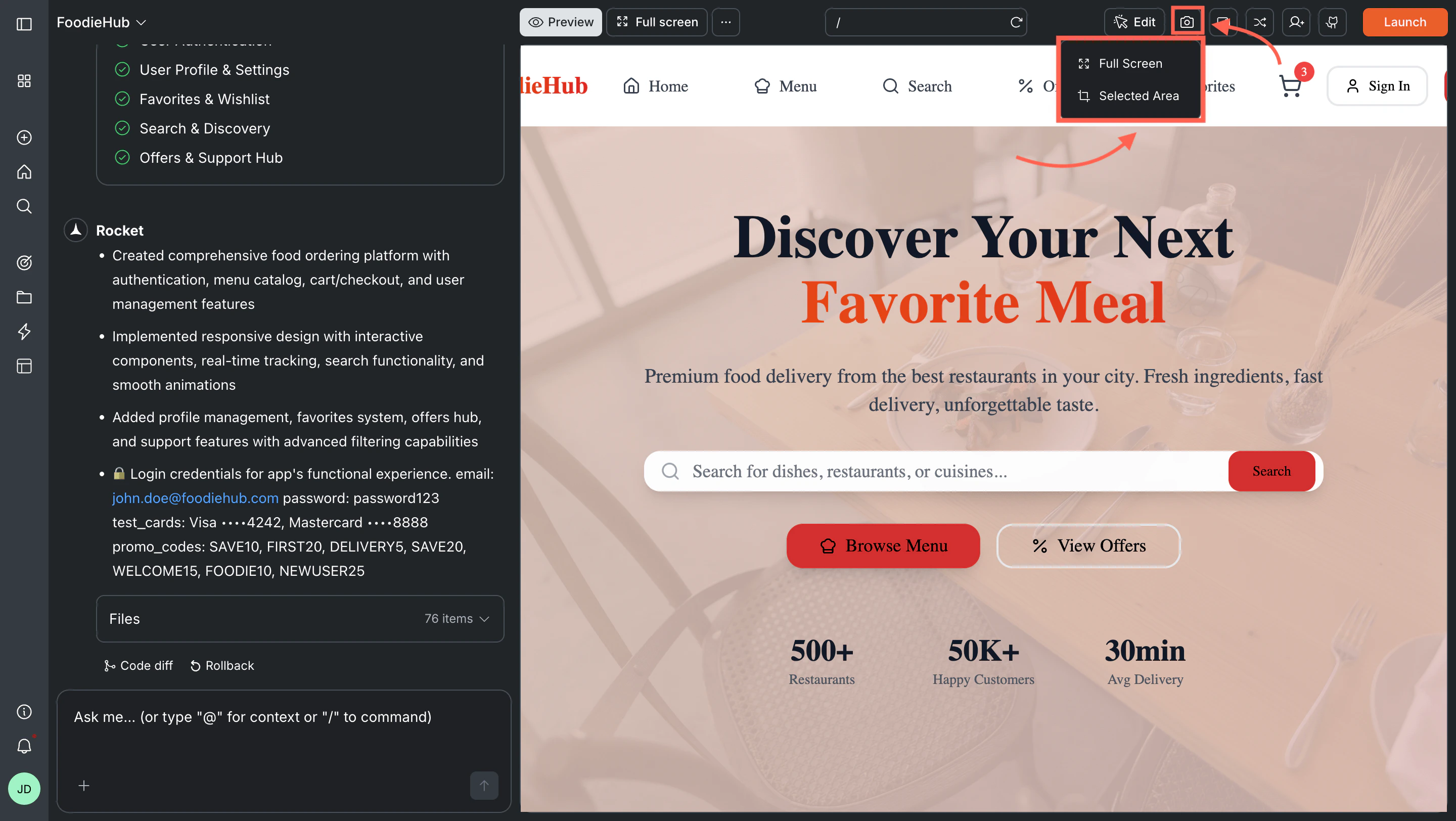 Camera dropdown showing Full Screen and Selected Area capture options.