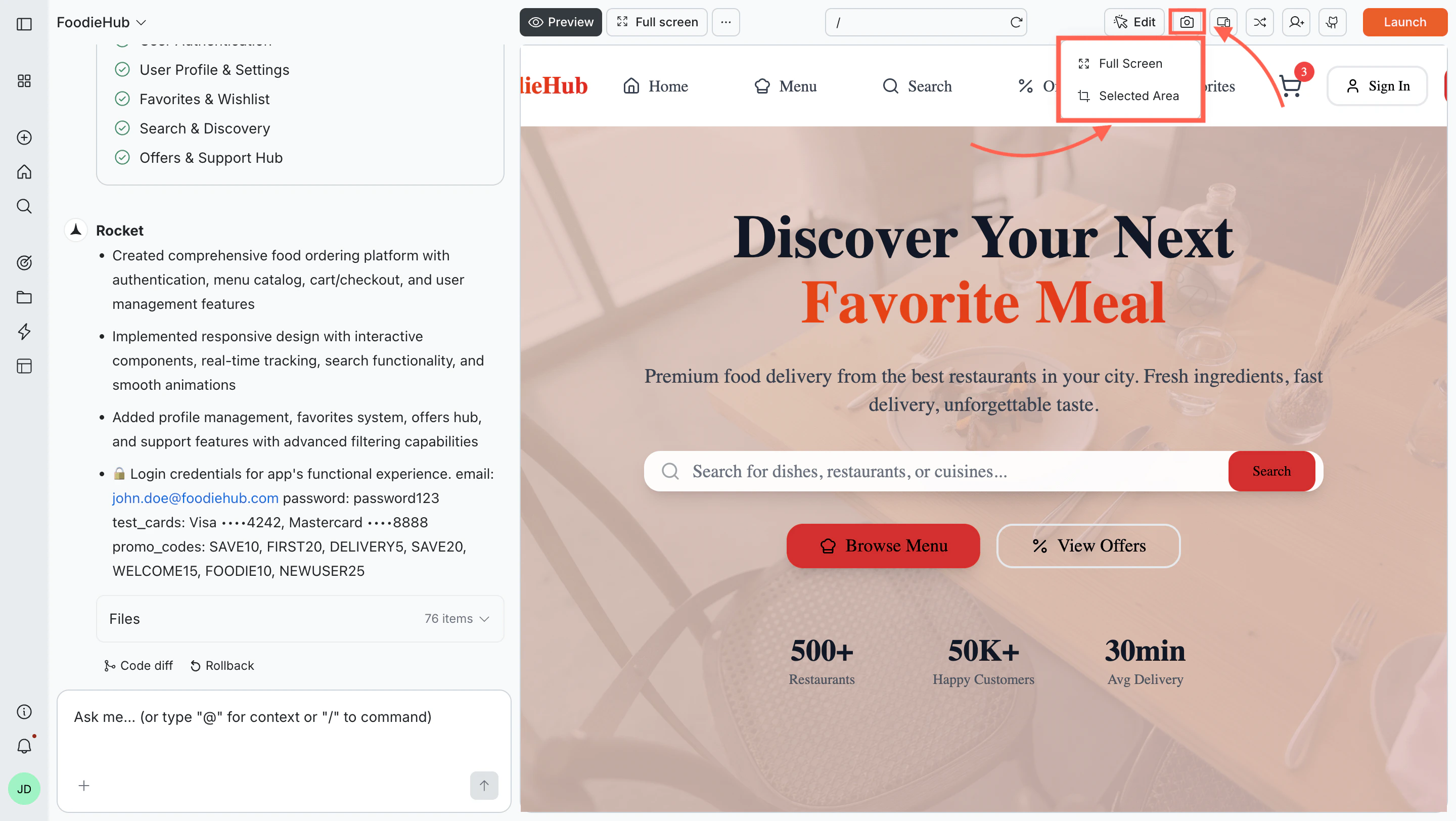 Camera dropdown showing Full Screen and Selected Area capture options.